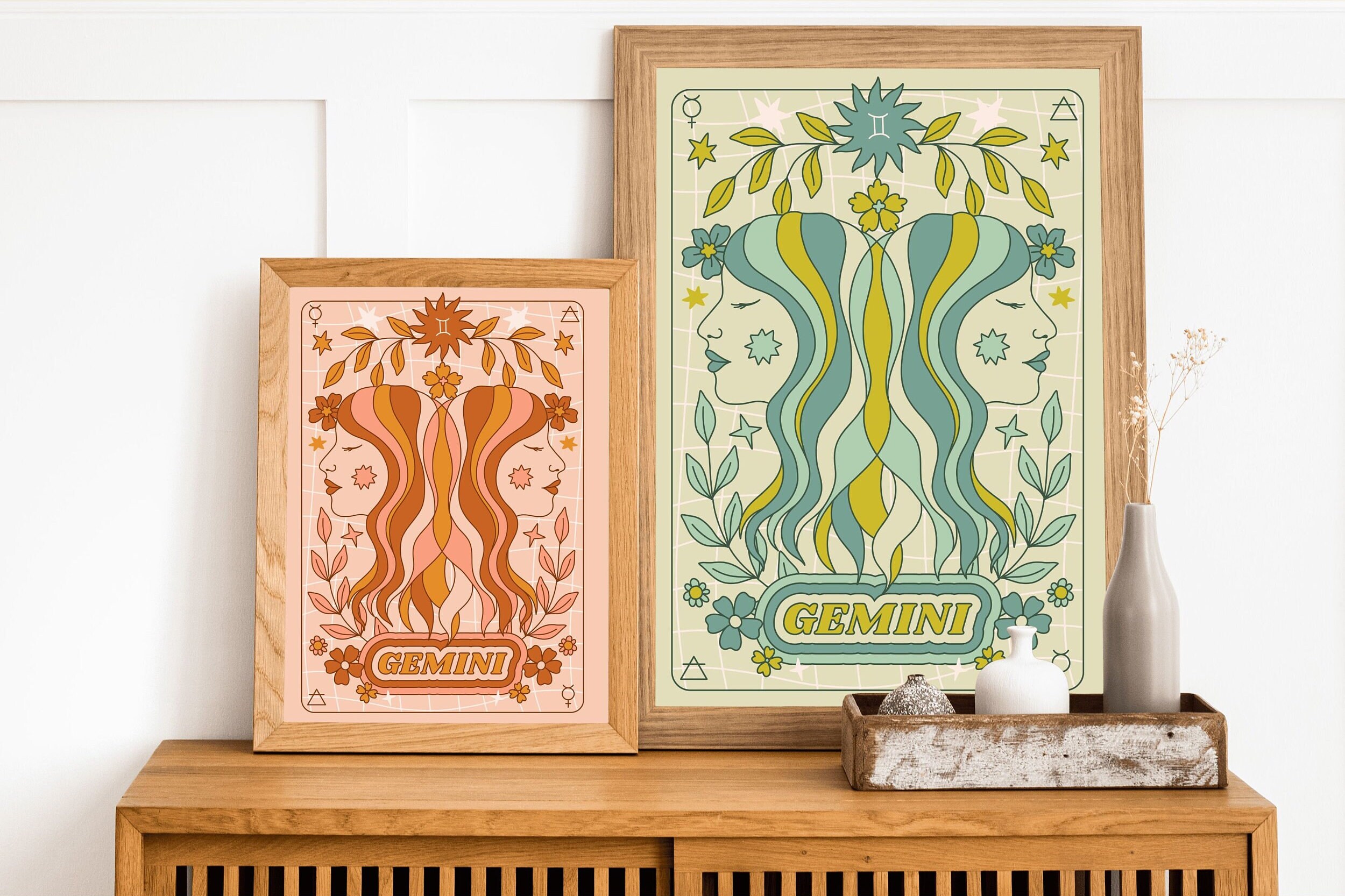 Groovy Gemini Poster Set of 2, Gemini Wall Art, Gemini Zodiac Sign ...