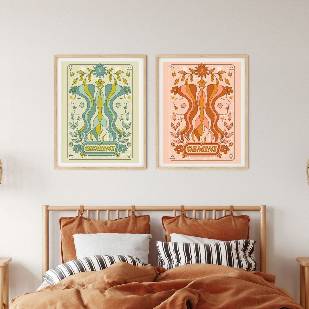 Groovy Gemini Poster Set of 2, Gemini Wall Art, Gemini Zodiac Sign ...