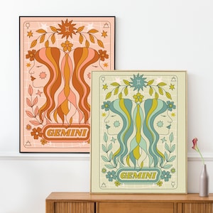 Groovy Gemini Poster, Gemini Wall Art, Gemini Zodiac Sign Print, Gemini Poster, Gemini Retro Wall Art, Gemini Zodiac Art, Sun Sign Wall Art