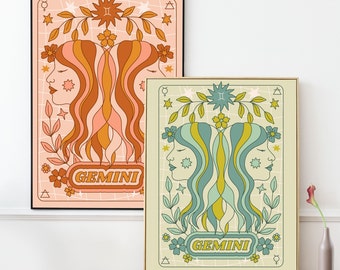 Puede incluir: Dos impresiones de arte imprimibles con una ilustración de estilo retro del signo zodiacal Géminis. Las impresiones son sobre un fondo rosa claro y verde claro con un patrón de cuadrícula. El texto "Géminis" aparece en ambas impresiones.