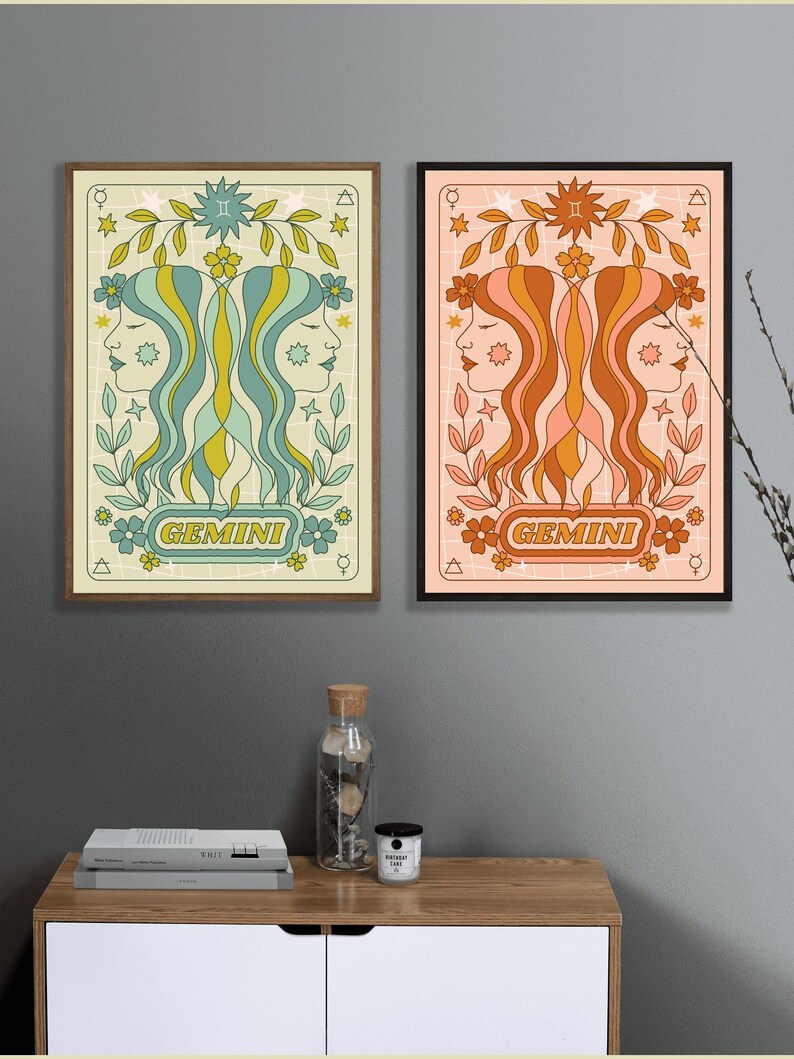 Groovy Gemini Poster Set of 2, Gemini Wall Art, Gemini Zodiac Sign ...