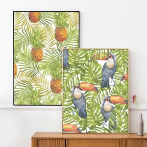 Tropical Wall Art Poster, Lush Green Botanical Jungle Poster, Palm Leaf Wall Print, Jungle Bird Wall Art, Pineapple Poster, Exotic Bird Art