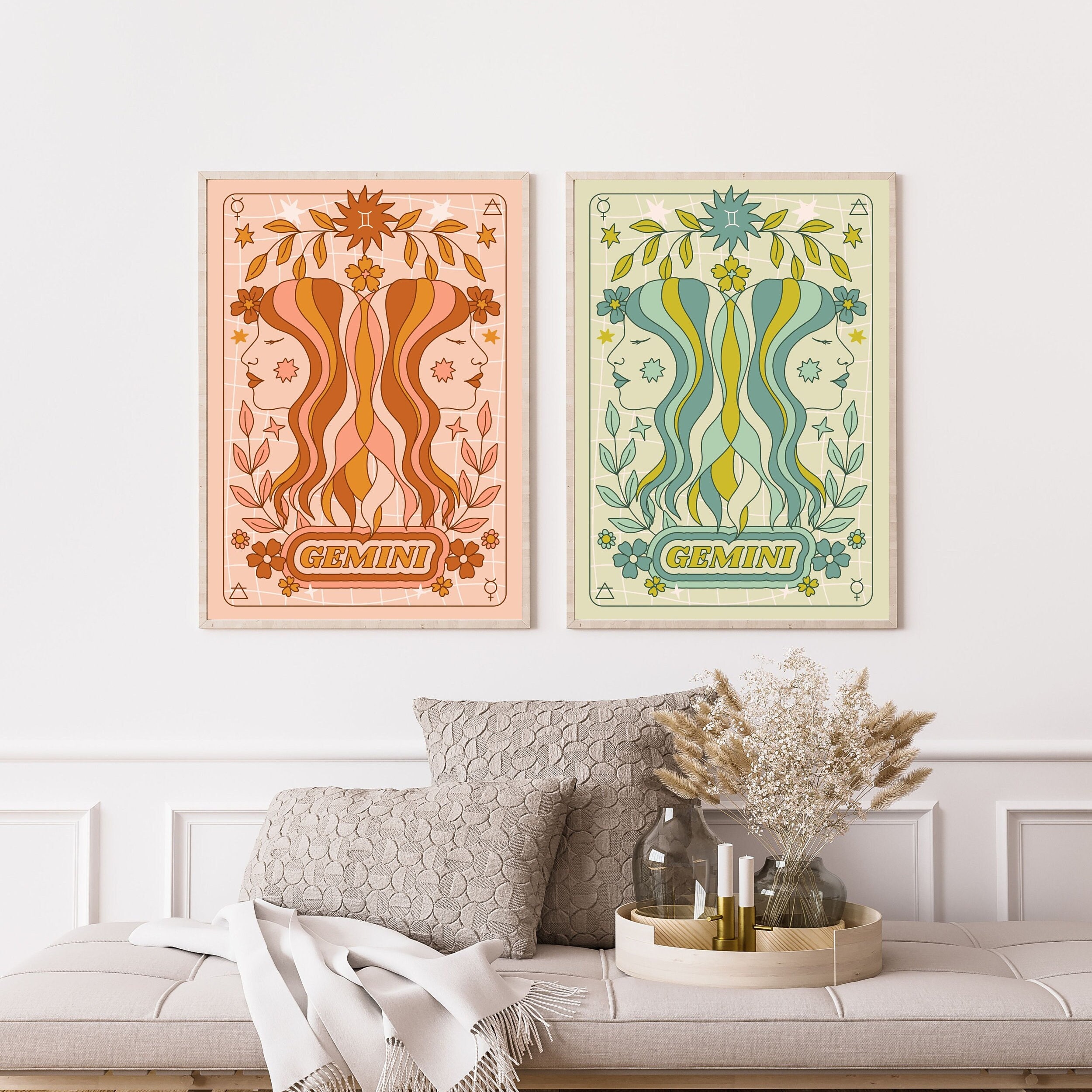 Groovy Gemini Poster Set of 2, Gemini Wall Art, Gemini Zodiac Sign ...