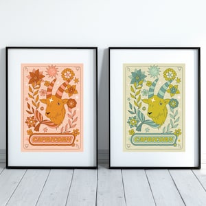 Groovy Capricorn Wall Art, Capricorn Zodiac Print, Zodiac Capricorn Retro Print Set Of 2, Capricorn Poster,  Gift For Capricorn Sign