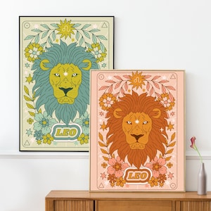 Groovy Poster Löwe Poster 2er-Set, Sternzeichen Löwe Poster, Sternzeichen Löwe Sternzeichen Druck, Retro Sternzeichen Löwe Wanddruck, Sternzeichen Löwe Kunstdruck, Sternzeichen Löwe Kunst