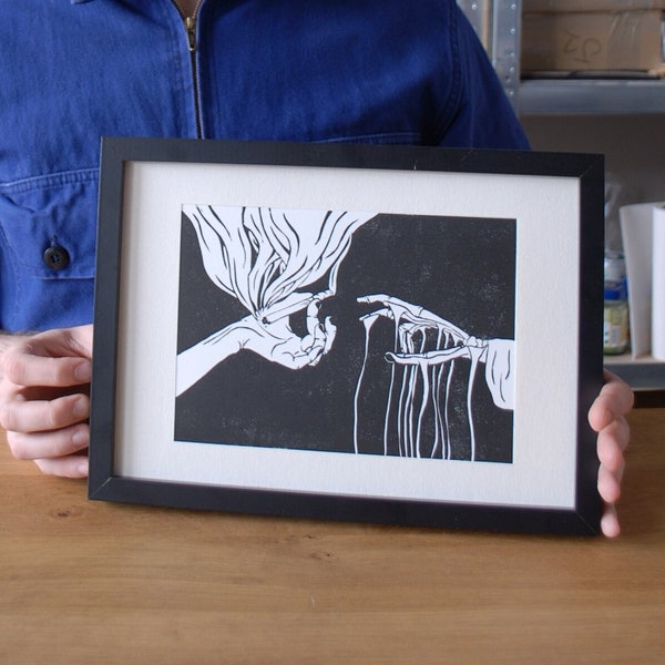 Linocut "Since you're gone" A5 black and white hand engraved and printed, ideal for art gift