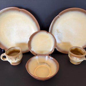 Vintage Frankoma Pottery Plainsman Gold Dinnerware: 2 Dinner Plates, 2 Wagon Wheel Mugs, Bowl and Salad Plate, Selling as 3 - 2 Piece Sets