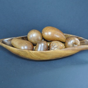 Vintage Wooden Bowl with Hand Carved Wooden Fruits - 7 Pieces of Fruit