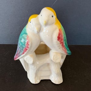 Vintage Morton Pottery Love Birds Planter from the 1960&#39;s - Brightly Colored Birds Sitting on White Ceramic Planter, in Excellent Condition