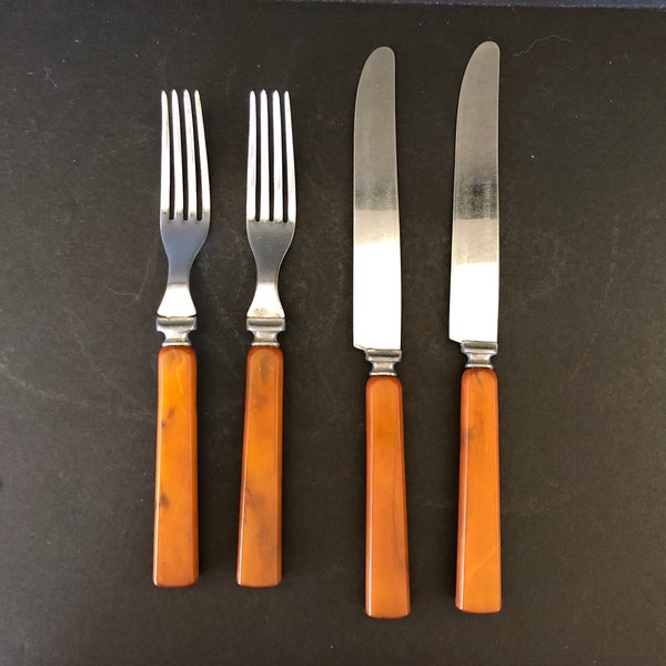 Bakelite Flatware - 4 Piece Set, 2 Knives and 2 Forks in Butterscotch Wood Tones