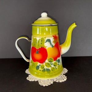 Vintage Fruit Painted Enamelware Teapot - 1960s Kitchen Decor