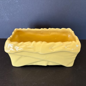 Vintage McCoy - Rectangle Yellow Planter - In Great Condition, Leafy Ruffled Edge and Ribboned Relief Around Planter.