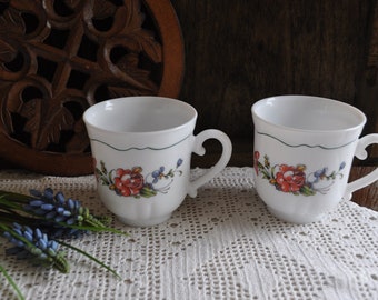 Arcopal France Milk Glass Mugs: Provincial Floral Set of Two