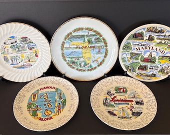 Vintage State Souvenir Plates with Gold or Metallic Rim - Sold Individually - Alabama, Florida, Maryland, Hawaii, Louisiana