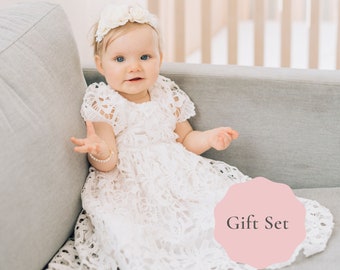 The Maely Gift Set - Baby Girl Blessing Day/ Christening baptism dress gift set with Bracelet, Headpiece, Socks, Keepsake Box, Blessed Sign