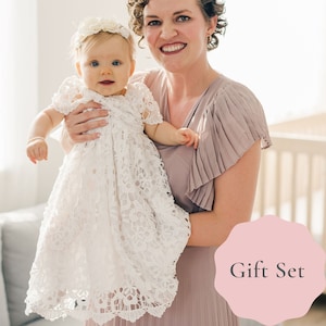 The Maely Gift Set - Baby Girl Blessing Day/ Christening baptism dress gift set with Bracelet, Headpiece, Socks, Keepsake Box, Blessed Sign