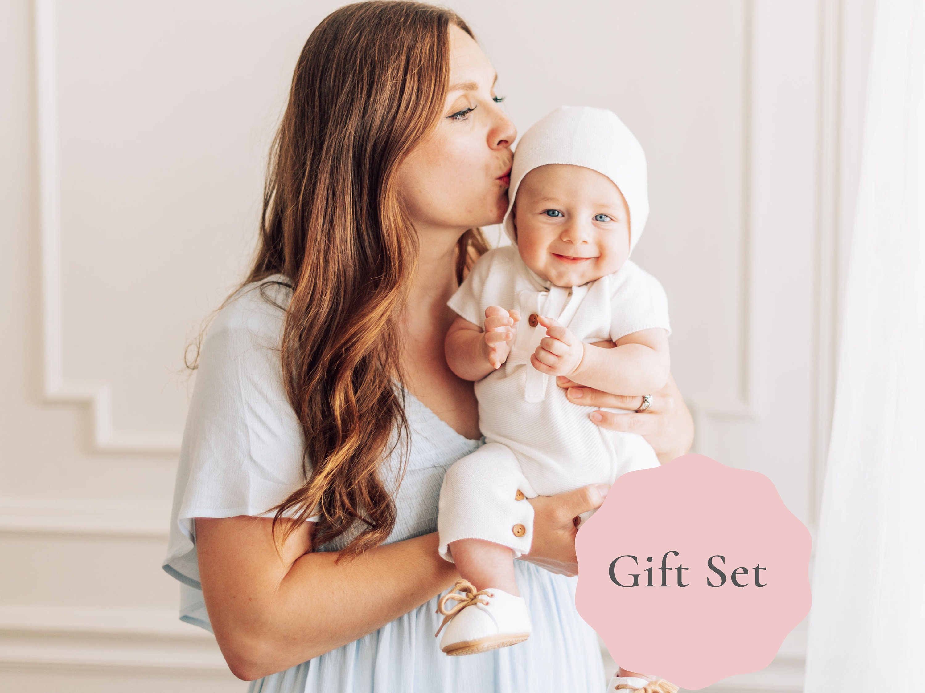 The Jackson Gift Set | Bonnet Shoes - White Blessing/Baptism/Christening Baby Boy Outfit