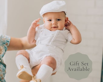 The Carter White baptism outfit for baby boy, boys blessing outfit, christening suit, hat, booties, baby boy christening clothes