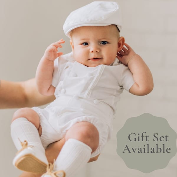 The Carter White baptism outfit for baby boy, boys blessing outfit, christening suit, hat, booties, baby boy christening clothes