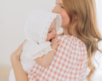 Everly Bonnet Organic white Cotton Baby Girl Bonnet for blessing/baptism day