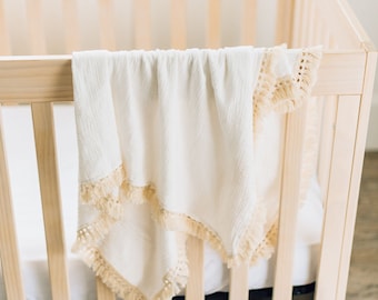 White Tassel Baby Blanket for baptism blessing christening day