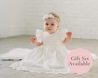 The Lucy Dress - Beautiful Baby Girl White Blessing/Christening Baptism Breathable Cotton Lace Textured floral Dress