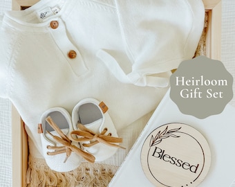 The Jackson Wooden Box Keepsake Gift Set | Shoes - Baptism / Blessing / Christening Day white baby boy outfit. Wooden Keepsake Box