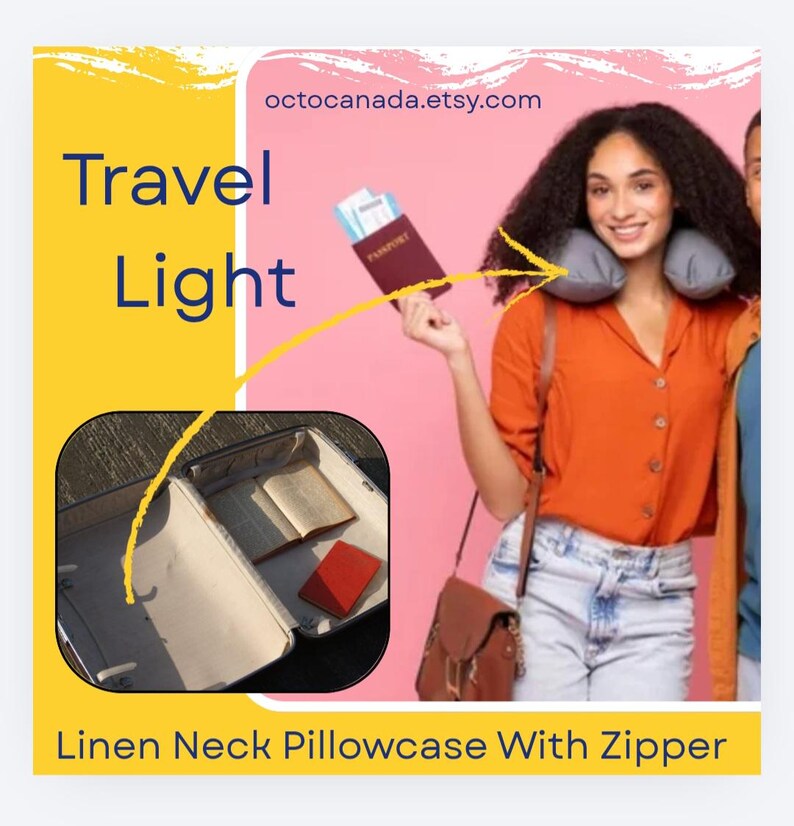 Op de afbeelding: Een vrouw draagt een grijs nekkussen en houdt een paspoort met een vliegticket vast. De afbeelding bevat de tekst "Travel Light" en "Linen Neck Pillowcase With Zipper". Een koffer met een boek en een rood object is ook te zien.