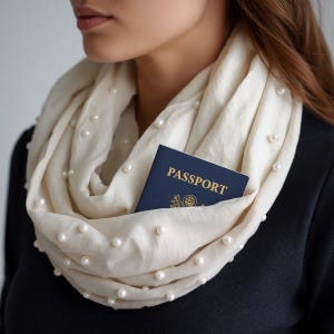May include: An off-white infinity scarf featuring scattered white pearl embellishments. A dark blue passport with the word PASSPORT printed in gold lettering is tucked into the folds of the fabric, resting against the neck of the wearer.