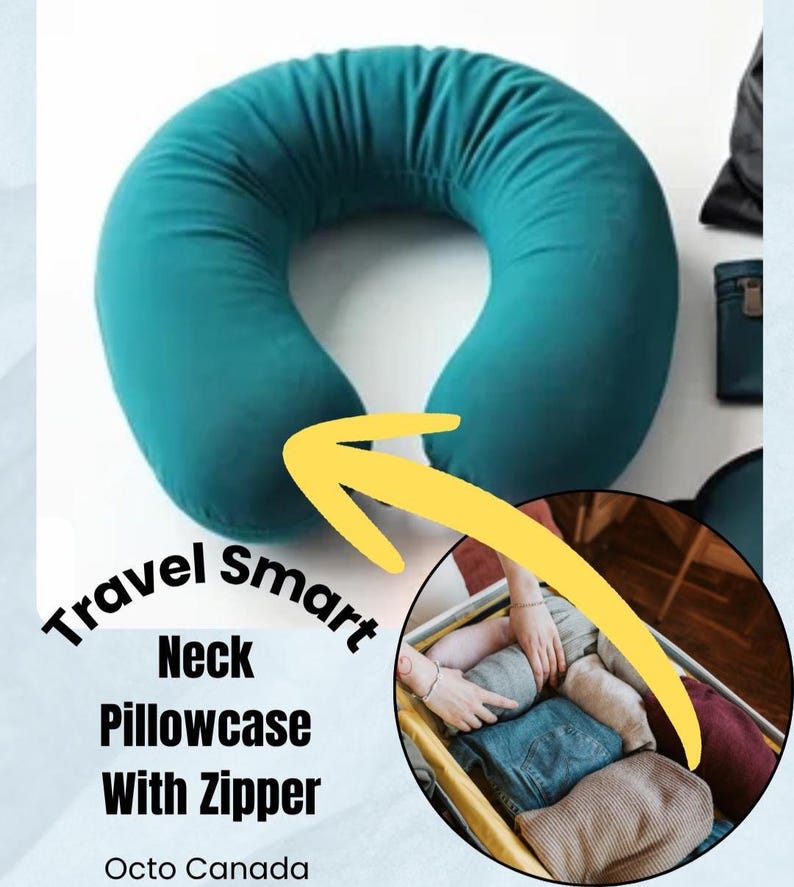 Op de afbeelding: Teal nekkussen met ritssluiting. Het U-vormige kussen is ontworpen voor op reis. De afbeelding bevat de tekst "Travel Smart Neck Pillowcase With Zipper".