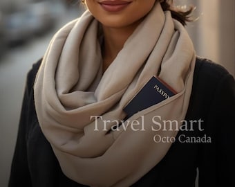 Linen Infinity Scarf with Zipper Pocket. Travel Security Shawl. Anti-Theft Neck Warmer