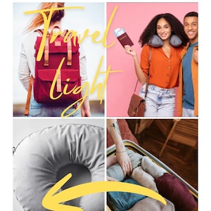 Op de afbeelding: Een collage met reisthema's. Bevat een rode rugzak, een vrouw met een paspoort en nekkussen, een grijs reiskussen en een koffer vol kleding. De tekst "Travel Light" is over de afbeeldingen geplaatst.