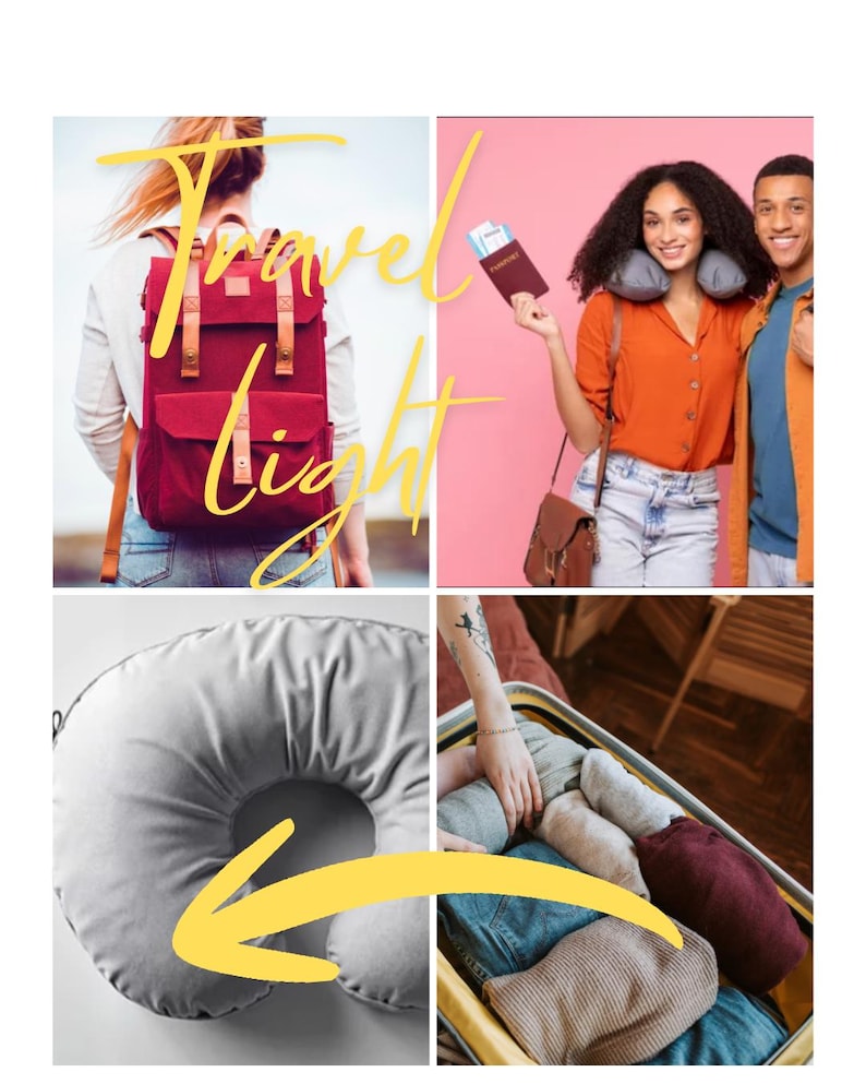 Op de afbeelding: Een collage met reisthema's. Bevat een rode rugzak, een vrouw met een paspoort en nekkussen, een grijs reiskussen en een koffer vol kleding. De tekst "Travel Light" is over de afbeeldingen geplaatst.
