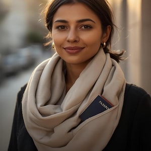 May include: A beige infinity scarf featuring a hidden zippered pocket containing a dark blue passport with the word PASSPORT printed in gold lettering. The scarf is draped in multiple soft folds around the neck, made of a smooth fabric material.