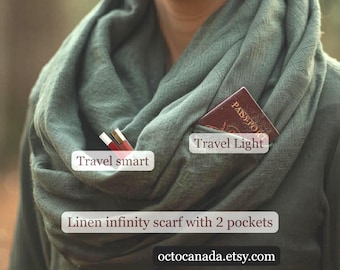 Linen Scarf with Two Hidden Pockets, Anti-Theft, Hands Free Travel Shawl, Gifts for her
