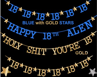 18th Birthday 18 number garland banner holy shit you're 18 funny rude blue happy Personalised