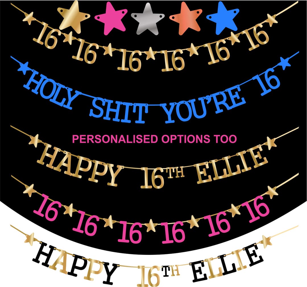 16th Birthday 16 Number Garland Banner GOLD Black PINK Silver Bronze - Etsy