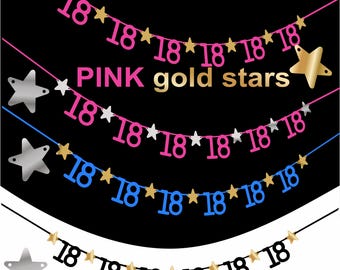 18th birthday 18 numbers garland gold with stars PINK blue rose gold black silver
