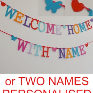 Welcome home banner personalised garland bunting decorations multicolours or names bright colours