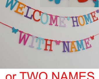 Welcome home banner personalised garland bunting decorations multicolours or names bright colours