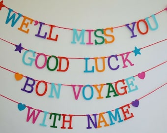 we'll miss you retirement banner bon voyage sorry you are leaving good luck personalised colourful