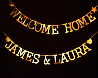 Welcome home banner personalised name bunting decorations Gold