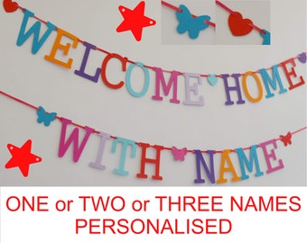 Welcome home banner personalised garland bunting decorations multicolours or names bright colours