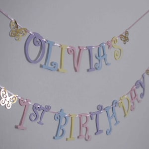 personalised pastel girls 2nd 3rd 4th 5th 6th BIRTHDAY banner rainbow with butterflies any Name letters script