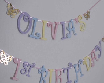 personalised pastel BIRTHDAY banner pastel rainbow with butterflies any Name letters script