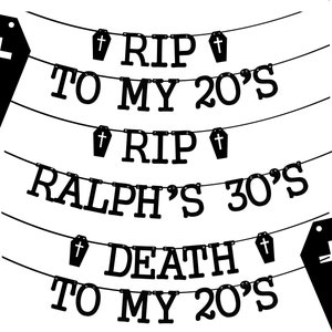 Rip to my 20's gothic birthday banner 30th death to my twenties bunting decorations gothic humour, Personalised options with name