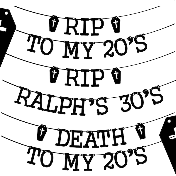 Rip to my 20's gothic birthday banner 30th death to my twenties bunting decorations gothic humour, Personalised options with name