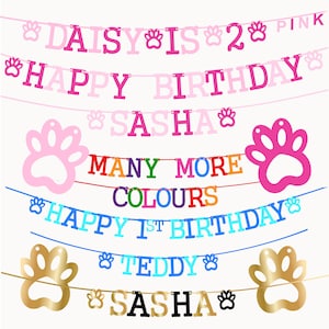 Dog Birthday Banner bunting Personalised With paw print Blue pink black gold multi