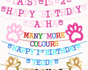 Dogs Birthday Banner bunting Personalised With paw print Blue pink black gold multi