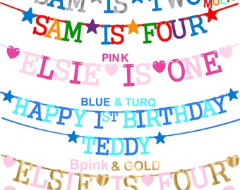 1st 2nd 3rd ANY AGE Personalised Happy birthday name banner bunting pink blue boys girls silver multi